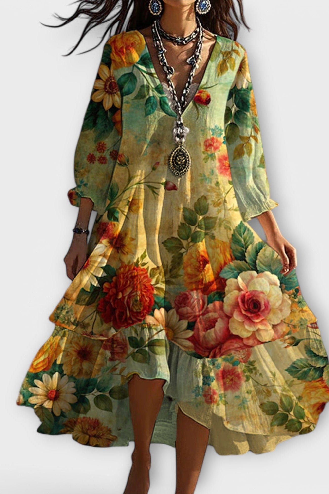 Marina | Vintage boho floral pattern V-neck dress