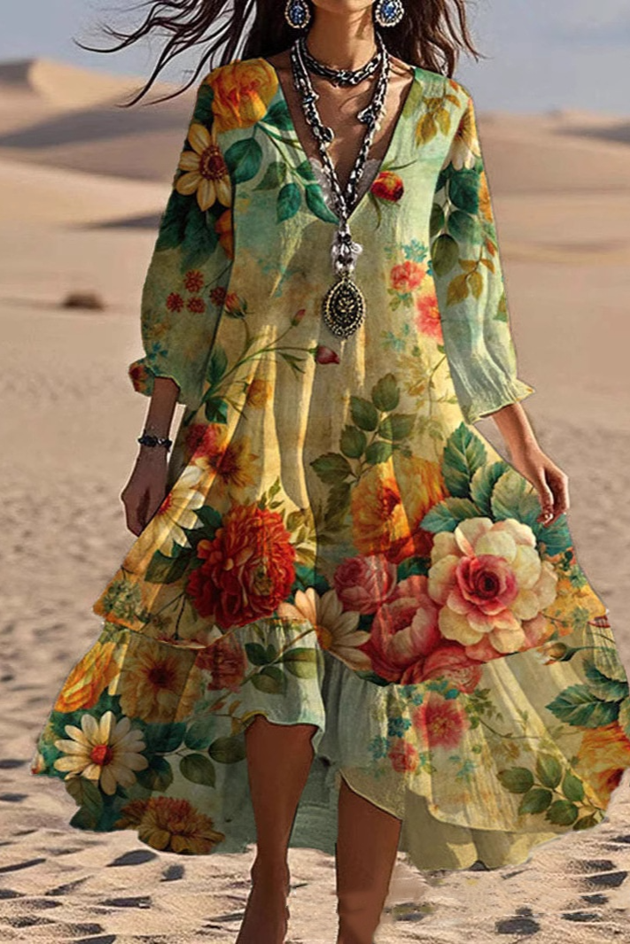 Marina | Vintage boho floral pattern V-neck dress